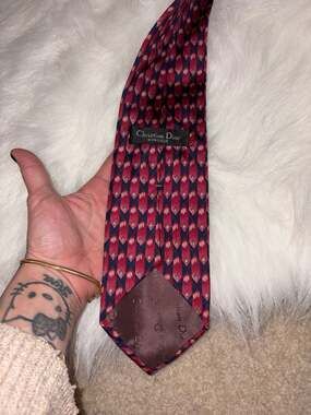 Christian Dior Monsieur Vintage Silk Tie Red Navy Geometric Diamond Pattern